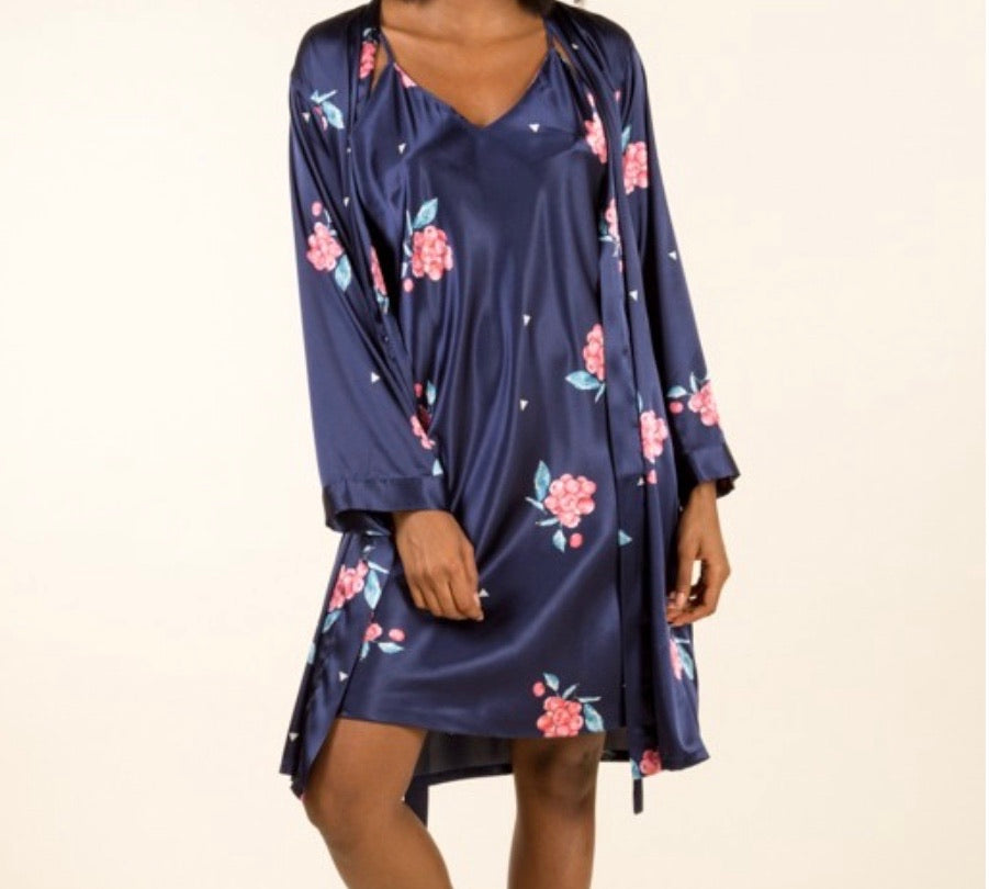 Ensemble nuisette kimono satin fleuri bleu nuit