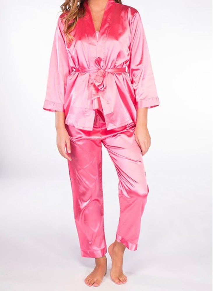 Ensemble pyjama 3 pièces satin caraco kimono et pantalon Rose