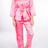 Ensemble pyjama 3 pièces satin caraco kimono et pantalon Rose