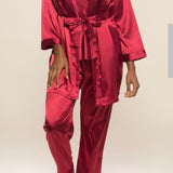 Ensemble pyjama 3 pièces satin caraco kimono et pantalon