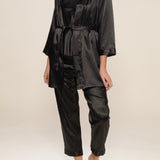 Ensemble 3 pièces satin caraco kimono et pantalon noir